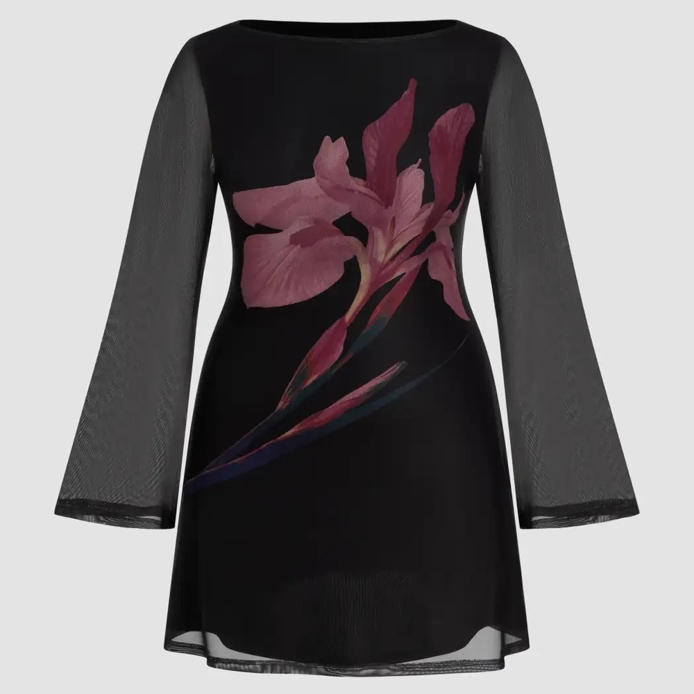 Cider Black Dress with Pink Floral Design